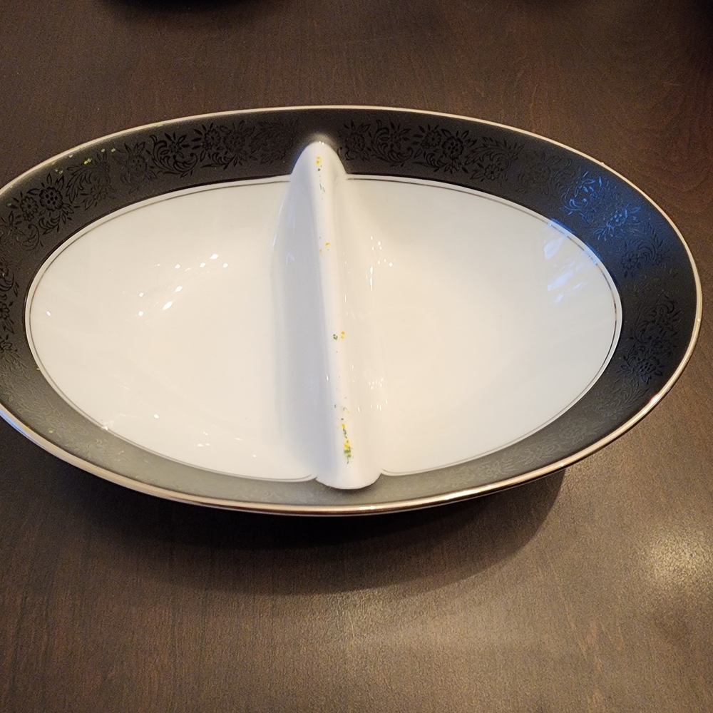 Noritake Black White Divided Oval Vegetable Dish Mirano Pattern Japan Vintage